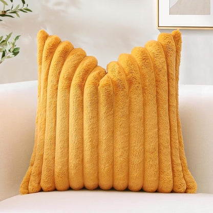 OTOSTAR Mustard Yellow Faux Rabbit Fur Decorative Throw Pillow Cover 20x20 Inch Soft Cozy Plush Striped Pillowcase Velvet Cushion Cover for Sofa Couch Bed Living Room