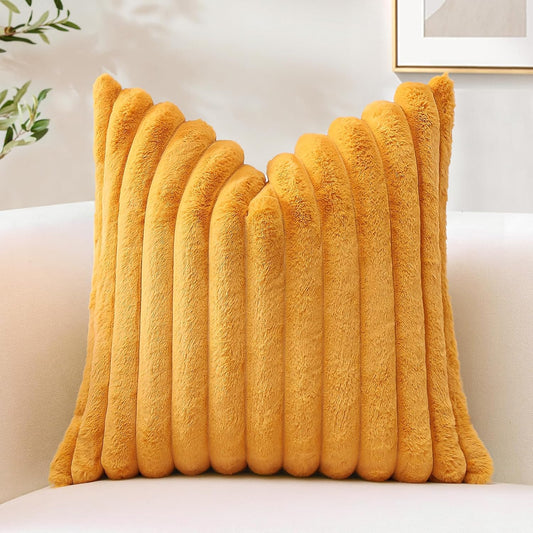 OTOSTAR Mustard Yellow Faux Rabbit Fur Decorative Throw Pillow Cover 20x20 Inch Soft Cozy Plush Striped Pillowcase Velvet Cushion Cover for Sofa Couch Bed Living Room