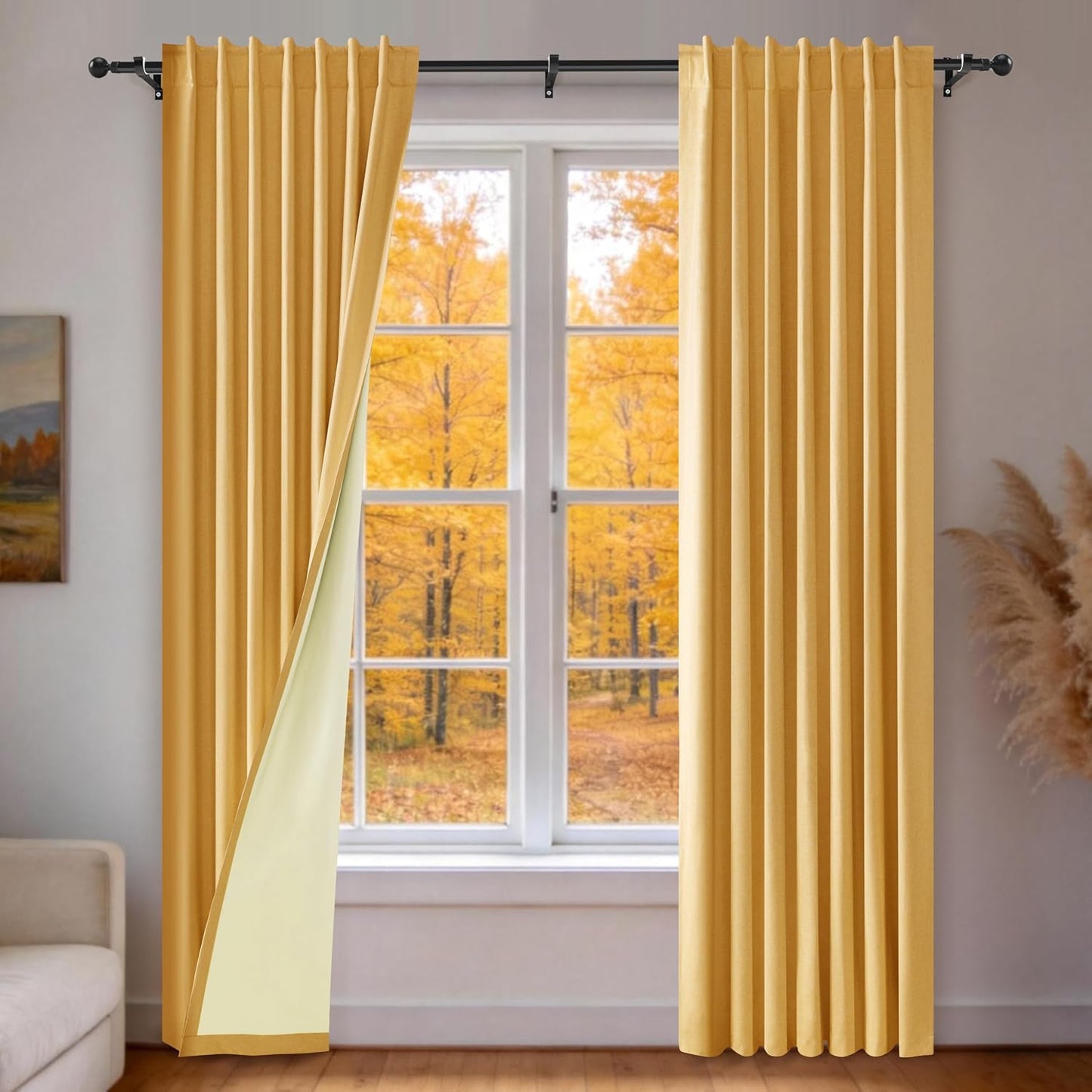 Etherealveil 100% Blackout Linen Curtains 52x96 inches-2 Panels, Mustard Yellow Rod Pocket & Back Tab Drapes Soundproof Thermal Insulated for Living Room Bedroom Patio Door 52" W x 96" L