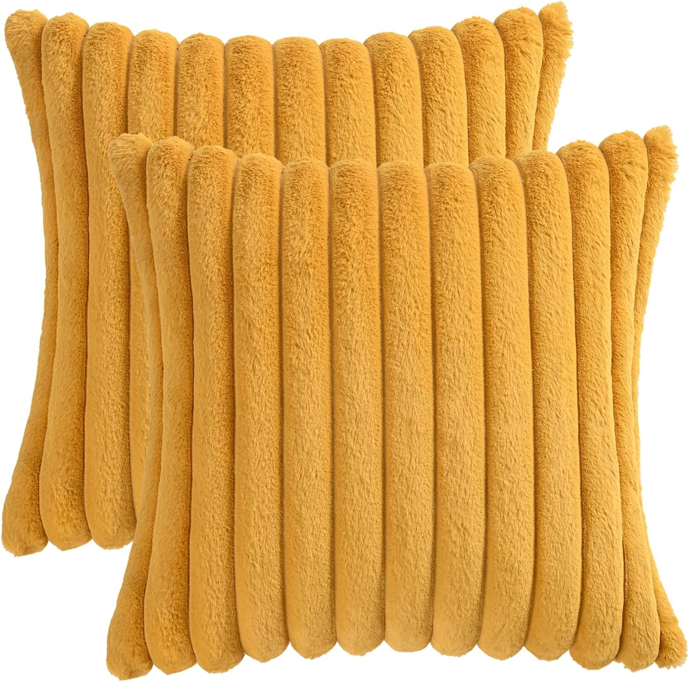 Volcanics Set of 2 Faux Fur Plush Decorative Throw Pillow Covers 18x18 Inches, Striped Cushion Cases Soft Fluffy Accent Pillowcases for Sofa, Couch and Bed, Mustard Yellow
