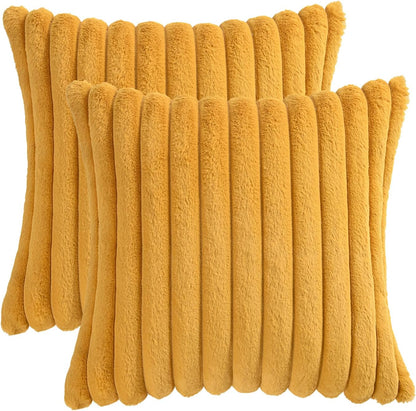 Volcanics Set of 2 Faux Fur Plush Decorative Throw Pillow Covers 18x18 Inches, Striped Cushion Cases Soft Fluffy Accent Pillowcases for Sofa, Couch and Bed, Mustard Yellow