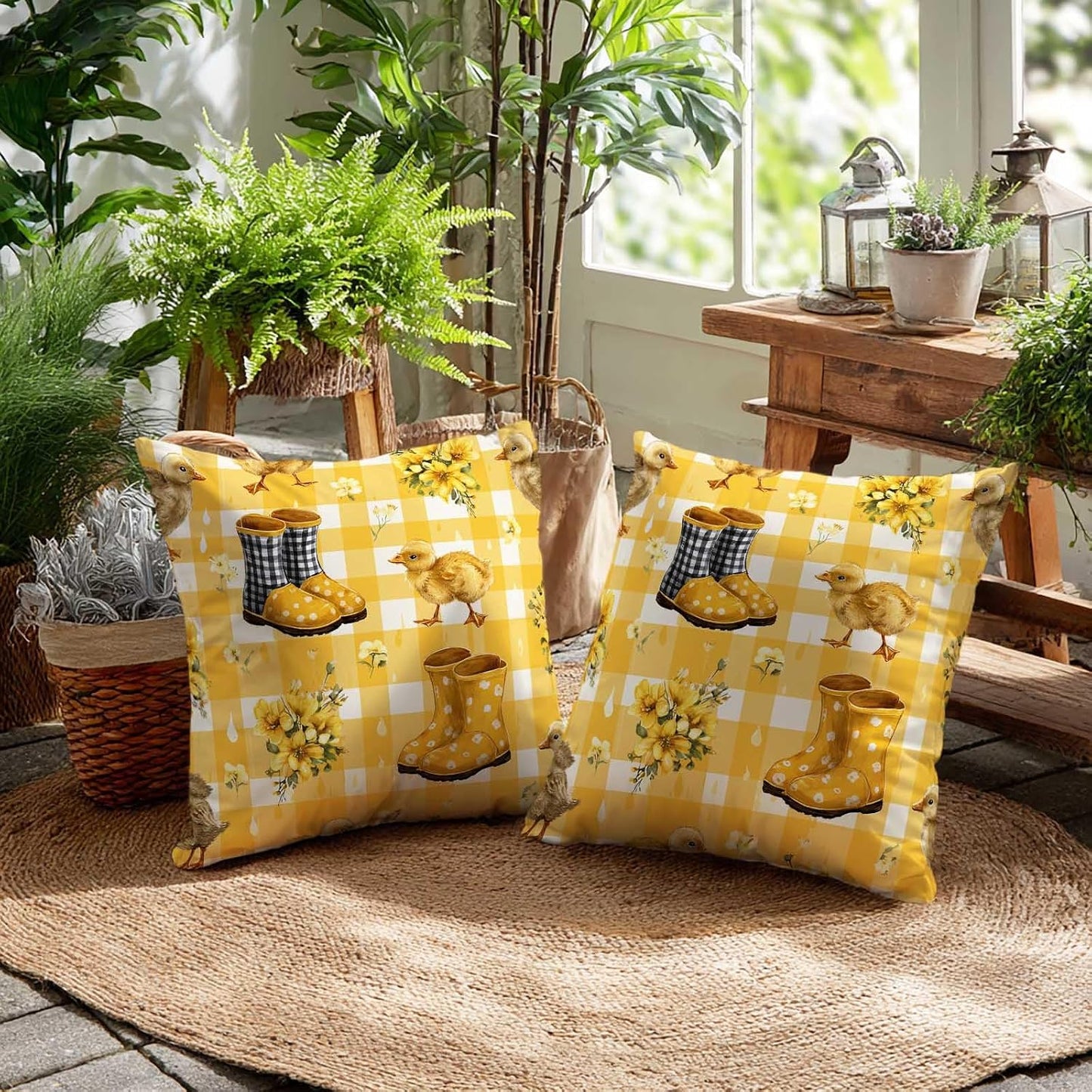 Duck Yellow Gingham Throw Pillow Covers 18x18 Inch, Set of 2 | Spring Farmhouse Square Cushion Cases for Couch Bedroom Nursery | Easter Farm Animal Home Decor, Decorative Pillowcases