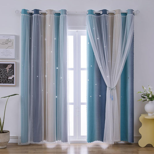 Ombre Rainbow Blackout Curtains for Kid Girls Bedroom Living Room Darking Stripe Double Layer Star Cut Out Wall Home Decor Gradient Grommet Window Curtains （Yellow Blue 52W x 84L