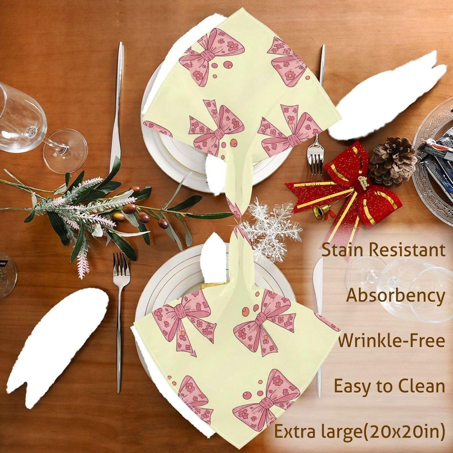 Cloth Dinner Napkin - Bows Dots Yellow Reusable Table Napkins 20x20 in for Hotel Restaurant Party Set of 4