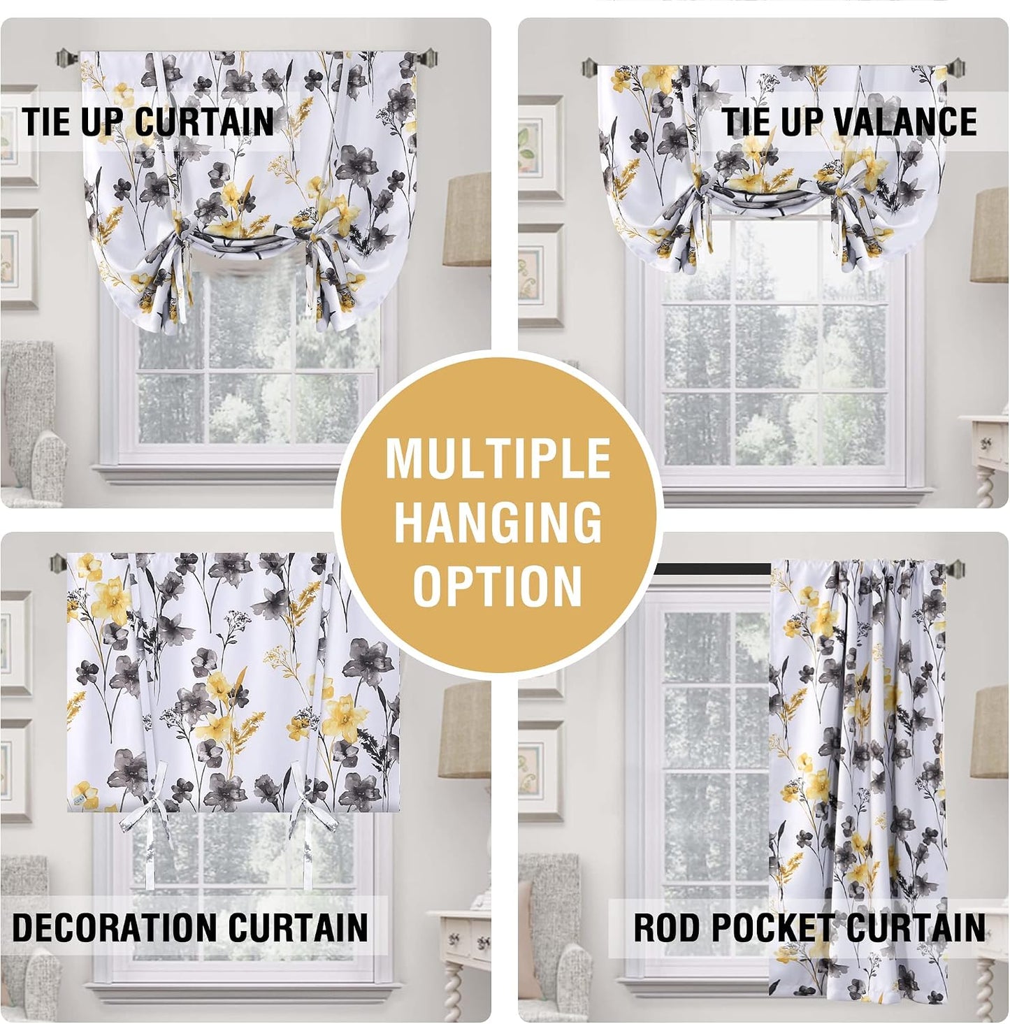 H.VERSAILTEX 100% Blackout Tie Up Curtains Cattleya Floral Printed Rod Pocket Panel for Small Window with Black Liner- 42" Wide by 63" Long - Floral Pattern in Grey and Yellow