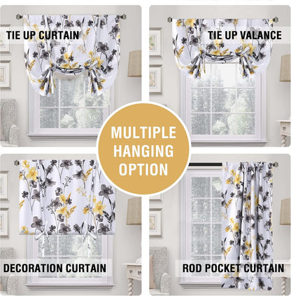 H.VERSAILTEX 100% Blackout Tie Up Curtains Cattleya Floral Printed Rod Pocket Panel for Small Window with Black Liner- 42" Wide by 63" Long - Floral Pattern in Grey and Yellow