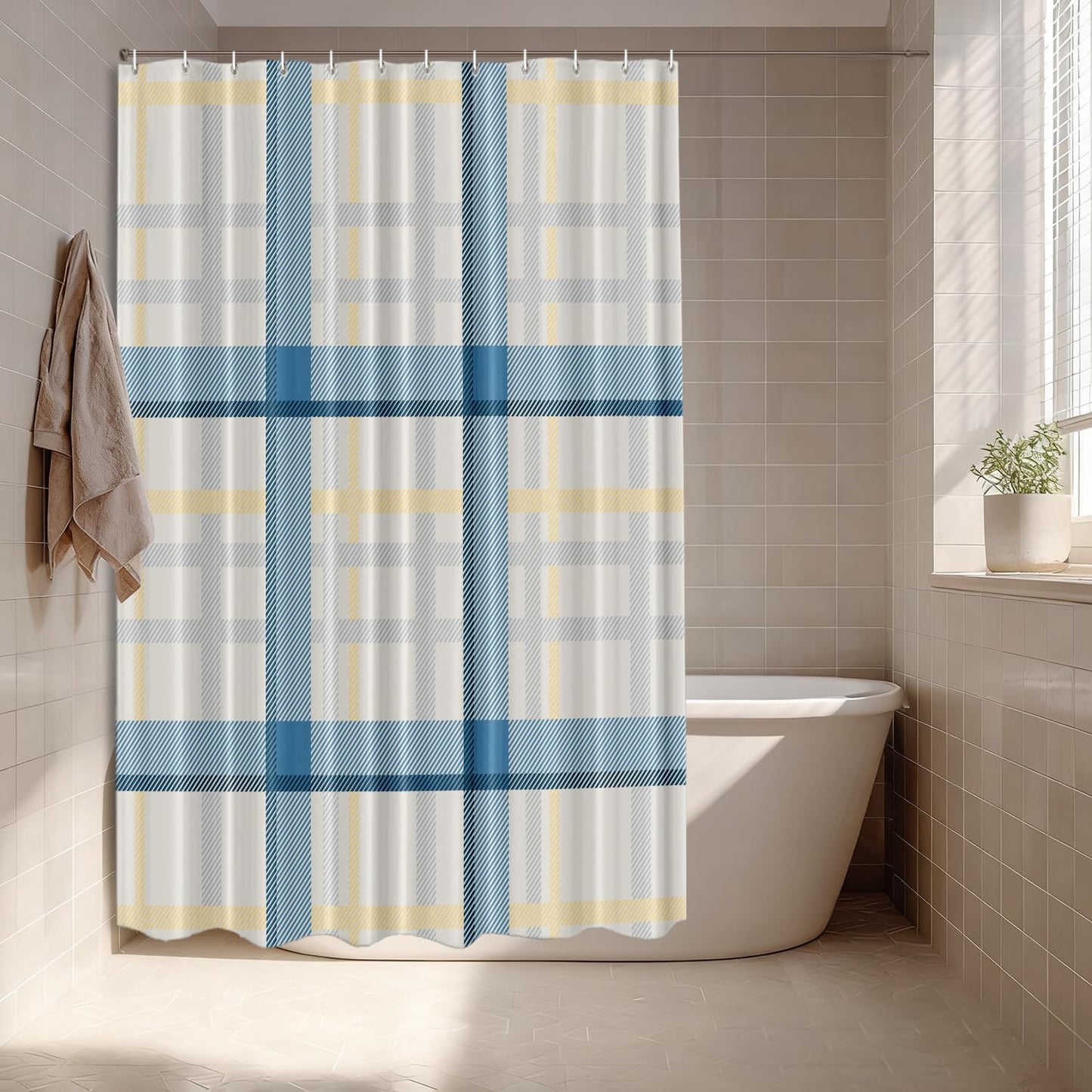 Batmerry Plaid Blue Decor Shower Curtain, Yellow Gingham Check Plaid Pattern Bathroom Decor Polyester Fiber Plastic Rings Quick-Drying Waterproof for Bathtubs/Bathroom, 72X72 Inches