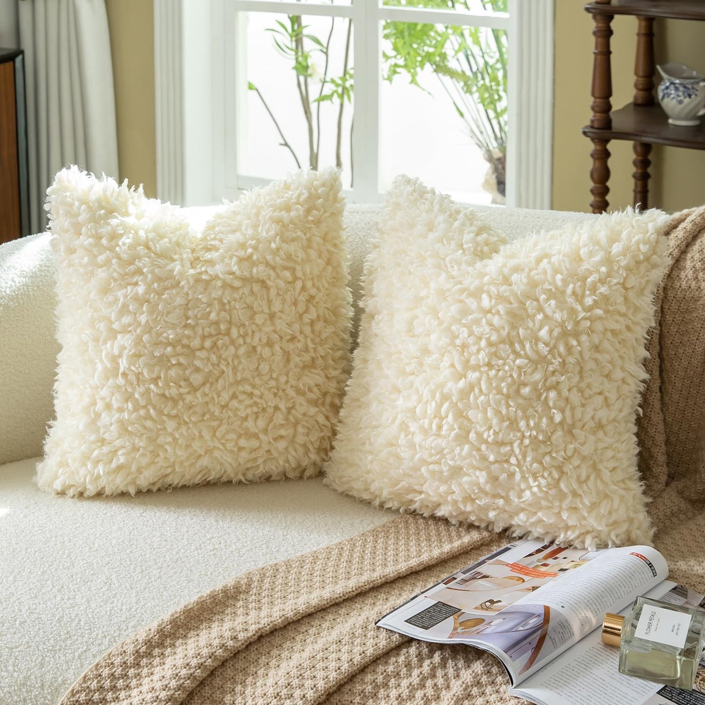 MANDIOO 2 Pieces 18x18 Inch Cream Yellow Faux Fur Throw Pillow Covers Boucle Decorative Sherpa Pillow Covers Thick Fuzzy Fleece Pillowcases Cushion Covers for Sofa Couch Bed Living Room