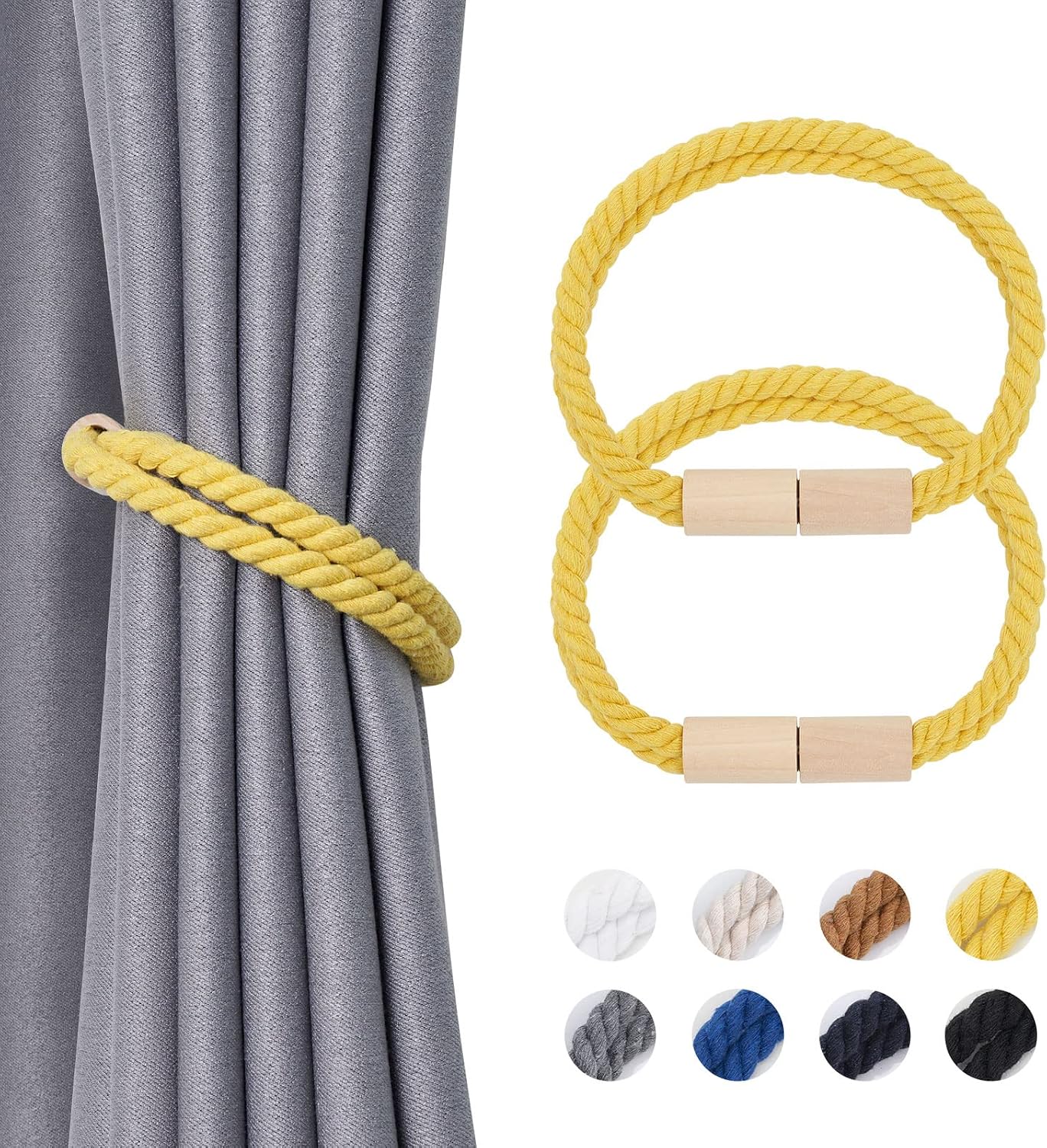 NICEEC 2 Pack Wooden Magnetic Curtain Tiebacks Boho Decoration Drape Tie Backs Natural Cotton Handmade Double Rope Curtain Holdbacks for Thin & Thick Home & Office Window Drapery (New Yellow)