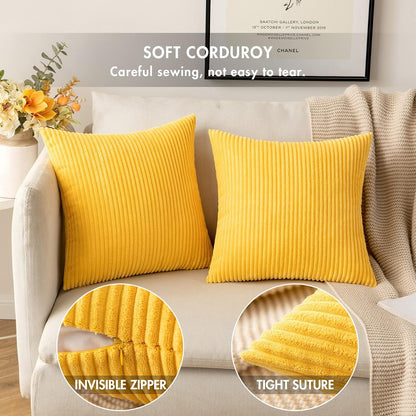 MIULEE Decorative Corduroy Pillow Covers Soft Solid Pack of 2 Cushion Cases Boho Square Throw Pillow Covers Golden Yellow Pillowcases for Couch Chair Sofa Bed Living Room Home Decor 18 x 18 Inch