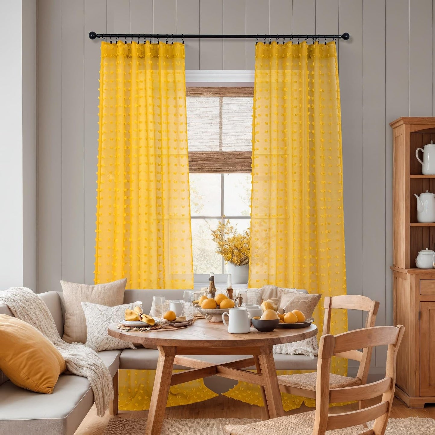 Mustard Yellow Sheer Curtains 84 Inch Length 2 Panels for Spring Living Dining Room Bedroom Boho Farmhouse Gold Semi Sheer Pom Poms Tufted Curtain 84 Inches Long for Nursery Girls Kids Room Back Tab