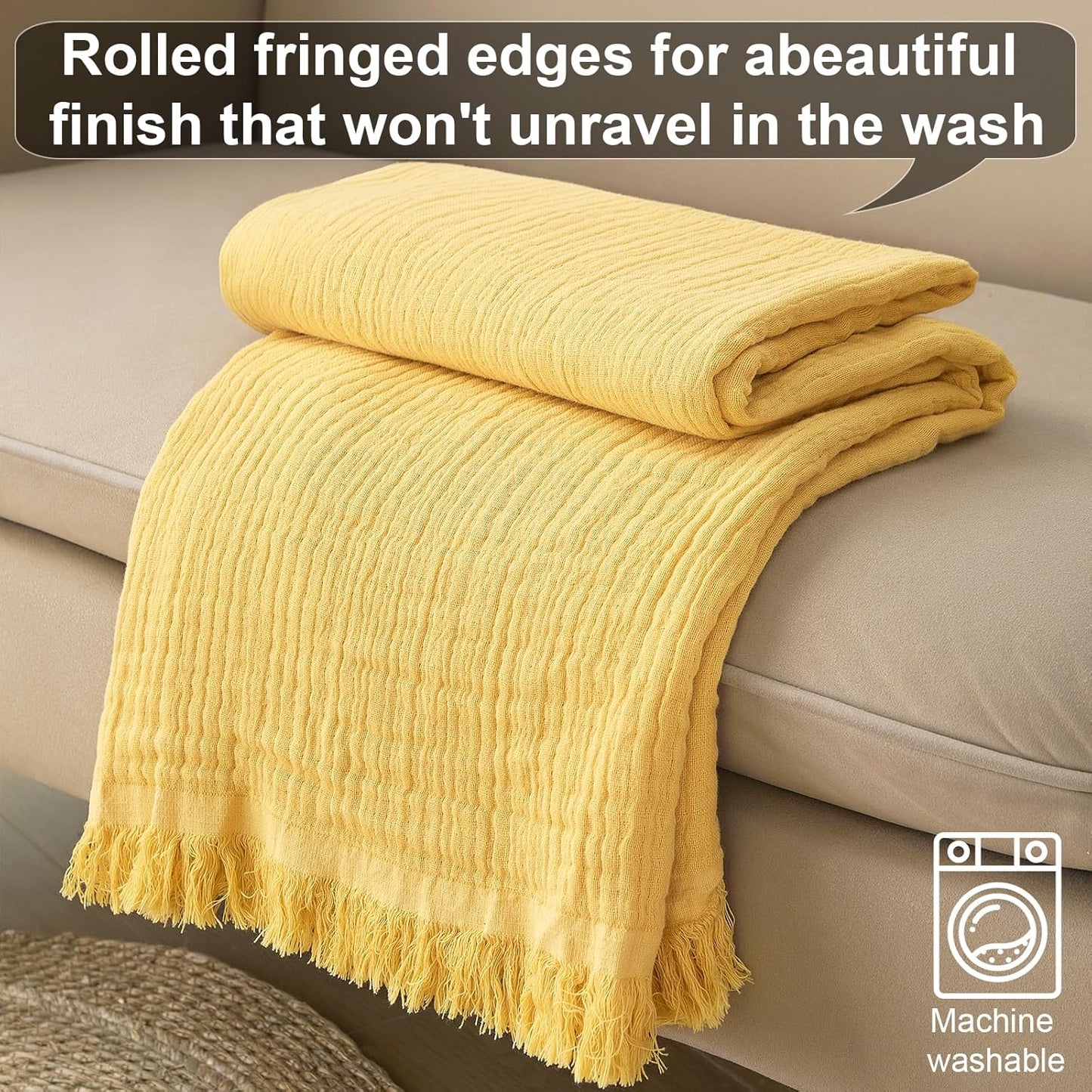 Cotton Muslin Throw Blanket with Tassels, Lightweight Woven Gauze, Pre-Washed Breathable Farmhouse Decor for Bed, Couch, All-Season Use (Yellow, 50" x 60")