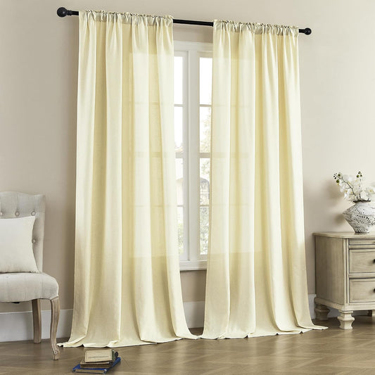 DONREN Back Tab and Rod Pocket Linen Curtains 102 Inch Length 2 Panels Set, Light Filtering Semi Sheer Farmhouse Boho Curtains & Drapes for Bedroom Living Room, W50 x L102，Light Yellow