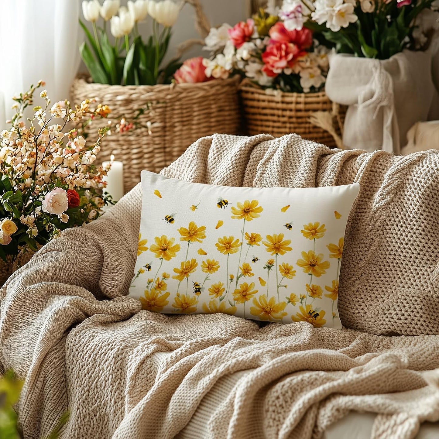 AACORS Spring Pillow Covers 12X20 Set of 2,Daisy Bee Decorations Farmhouse Seasonal Summer Pillow Case Decor for Sofa Couch （Yellow） AA058-12-2