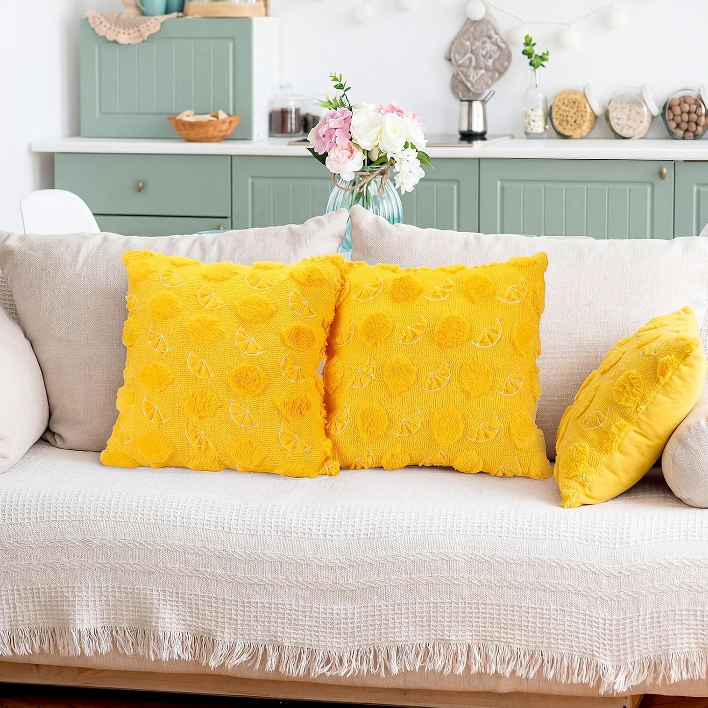 Novabright Set of 2 Decorative Yellow Pillow Covers 18 X18 Cute Lemon Faux Fur Throw Case Soft Plush Aesthetic Pillow Covers for Holiday Gift Sofa Couch Living Room Decor