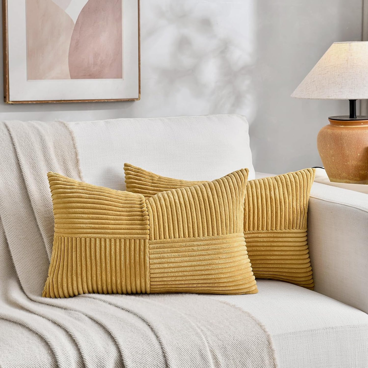 Fancy Homi Mustard Yellow Lumbar Decorative Throw Pillow Covers 12x20 Inch for Living Room Couch Bed, Rustic Farmhouse Boho Home Decor, Soft Striped Corduroy Rectangle Accent Cushion Case