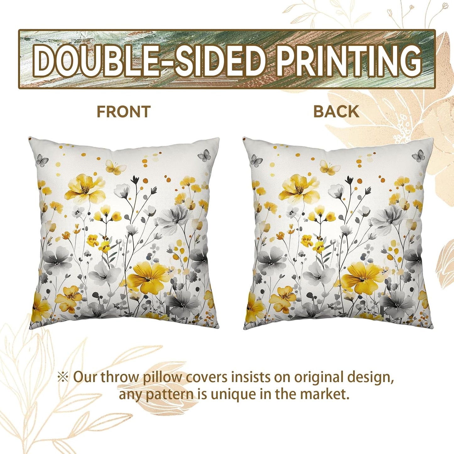 Spring Summer Flowers Pillow Throw Covers 18x18 Inch Yellow Gray Floral Pillow Covers Seasonal Decorative Pillowcases Cushion Case for Home Sofa Couch Bed Set of 2