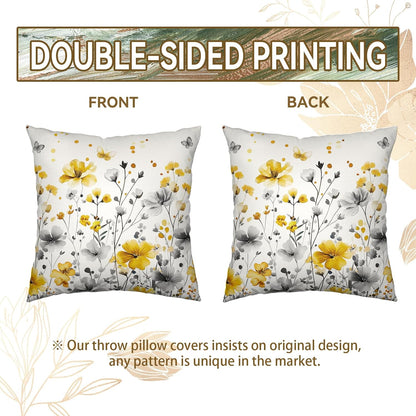 Spring Summer Flowers Pillow Throw Covers 18x18 Inch Yellow Gray Floral Pillow Covers Seasonal Decorative Pillowcases Cushion Case for Home Sofa Couch Bed Set of 2