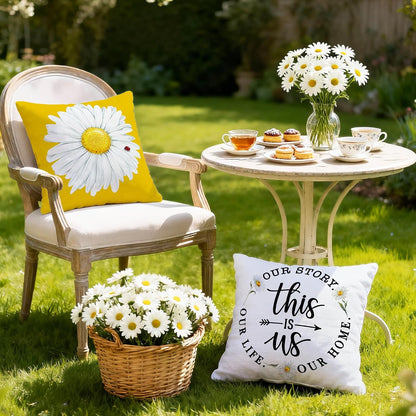 Hexagram Summer Throw Pillow Covers, Outdoor Daisy Decorative 18x18 Pillow Cover, Yellow Farmhouse Cushion Throw Pillows Covers for Couch Indoor Summer Home Decor(No Insert)