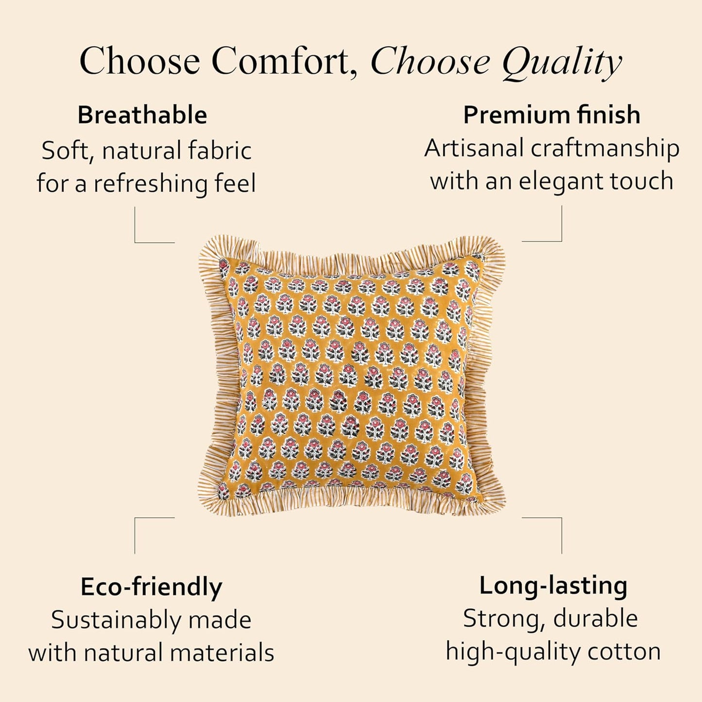 CPC Yellow Citrine Ruffle Throw Pillow Covers for Couch, 20x20 Inch Cotton Stripe Ruffle Couch Pillows for Living Room, Hidden 16 Inch Zipper Boho Pillow Case or Cute Outdoor Ruffle Pillows