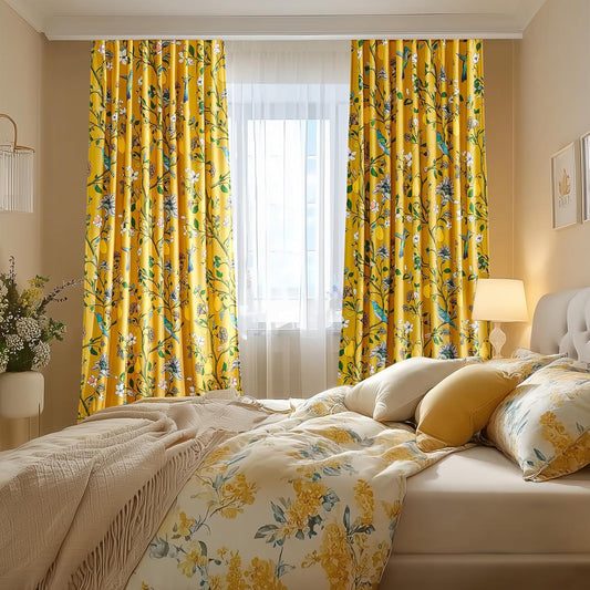 Mustard Yellow Luxury Velvet Floral Curtains 84 inches for Living Room,Vintage Victorian Botanical Blackout Curtain Drapes,2 Panels Mid Century Art Deco Bird Flower Window Curtains for Bedroom