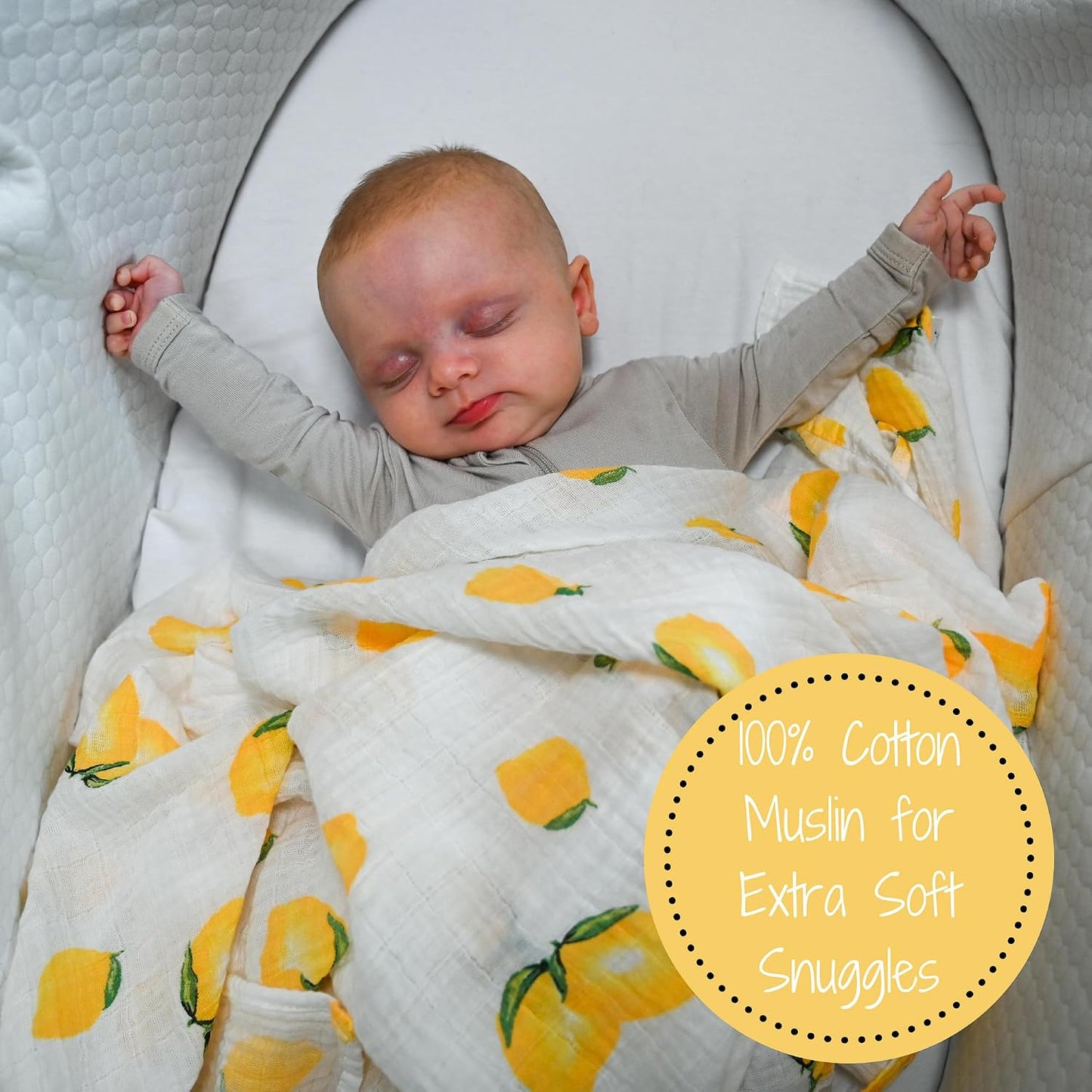 LollyBanks 100% Cotton Muslin Swaddle Blanket, Lemon Print, 47 x 47 Inches, Baby, Toddler, Female