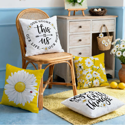 Hexagram Summer Throw Pillow Covers, Outdoor Daisy Decorative 18x18 Pillow Cover, Yellow Farmhouse Cushion Throw Pillows Covers for Couch Indoor Summer Home Decor(No Insert)