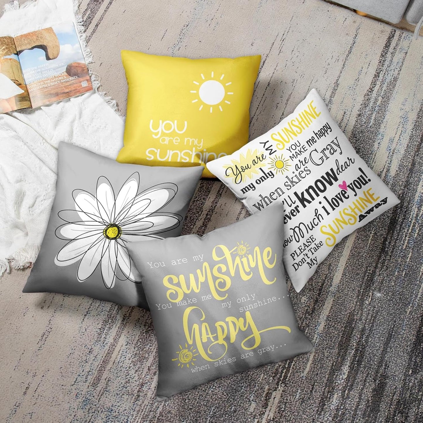 Emvency Set of 4 Throw Pillow Covers You are My Sunshine Yellow Gray with Words Decorative Pillow Cases Home Decor Square 18x18 Inches Pillowcases