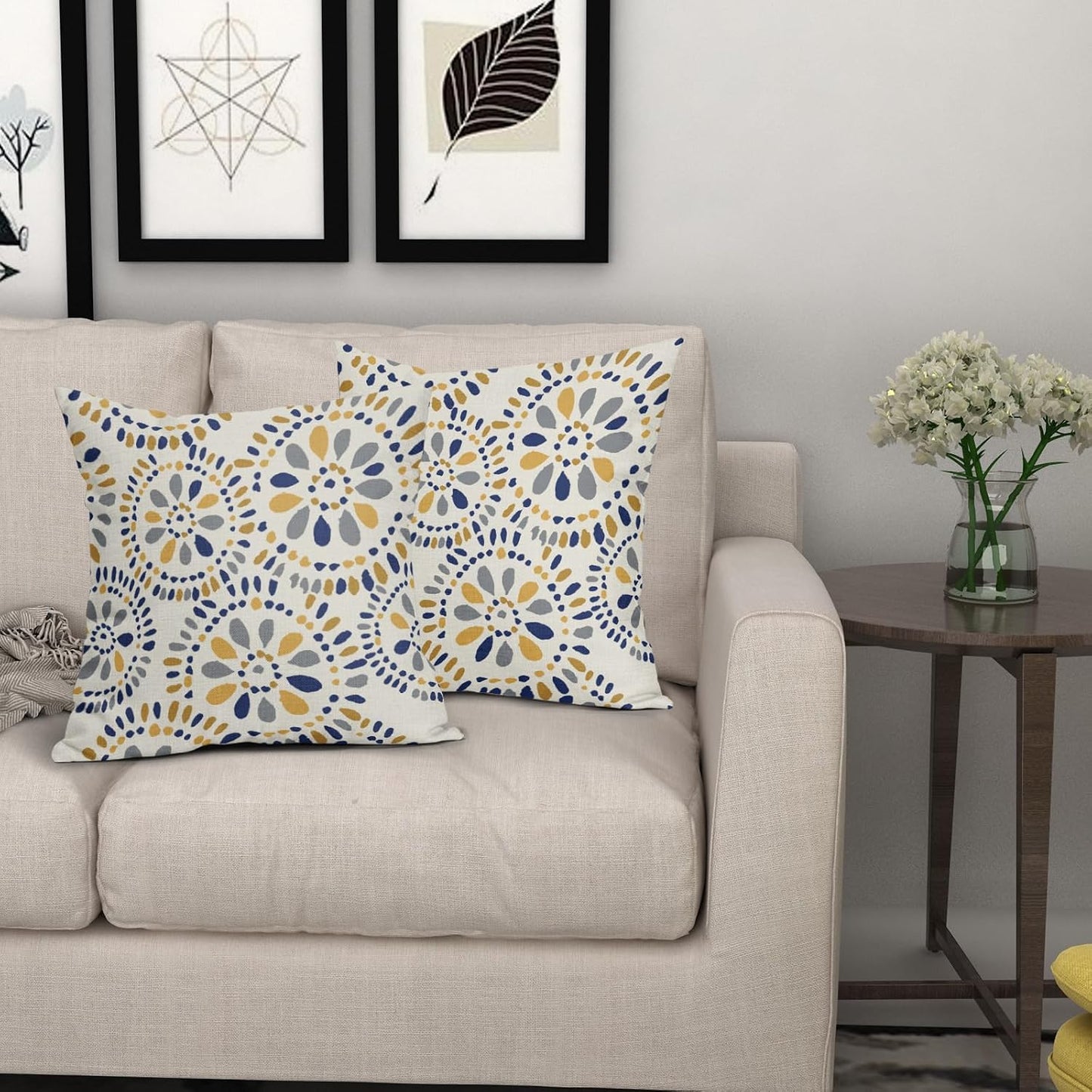 Blue and Yellow Throw Pillow Covers 18x18 Set of 2 Navy Yellow Grey Gray Boho Geometric Flower Pattern Print Decorative Pillowcases Farmhouse Outdoor Square Cushion Cases Decor for Sofa Bed Couch
