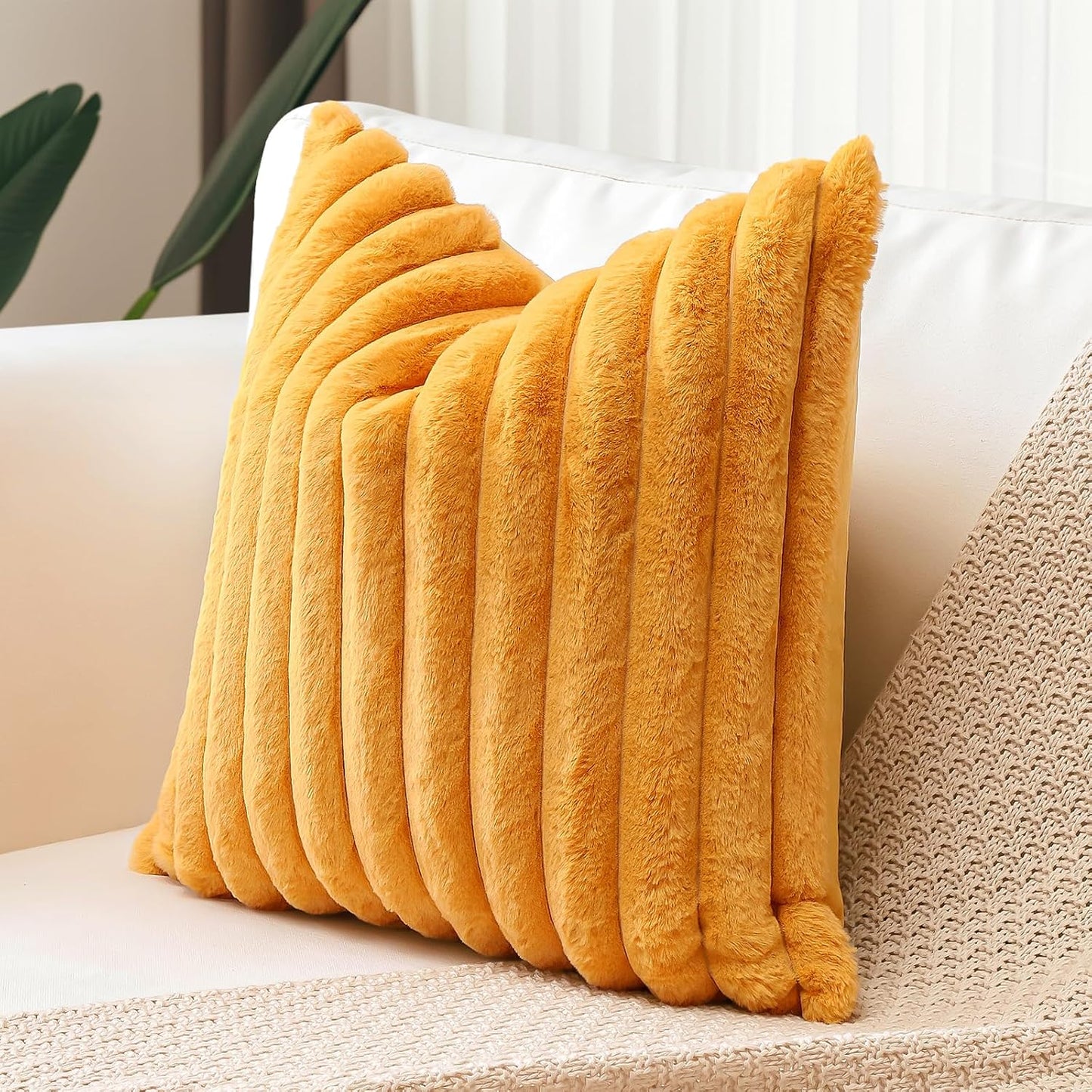 OTOSTAR Mustard Yellow Faux Rabbit Fur Decorative Throw Pillow Cover 20x20 Inch Soft Cozy Plush Striped Pillowcase Velvet Cushion Cover for Sofa Couch Bed Living Room