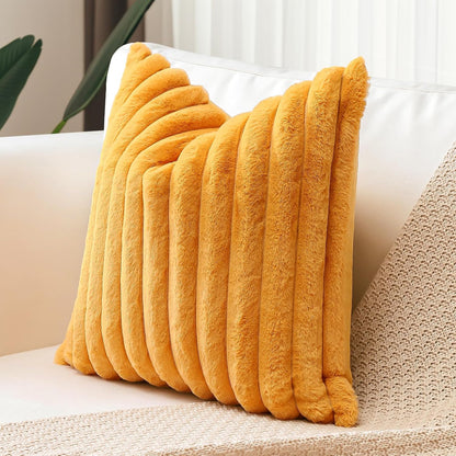 OTOSTAR Mustard Yellow Faux Rabbit Fur Decorative Throw Pillow Cover 20x20 Inch Soft Cozy Plush Striped Pillowcase Velvet Cushion Cover for Sofa Couch Bed Living Room