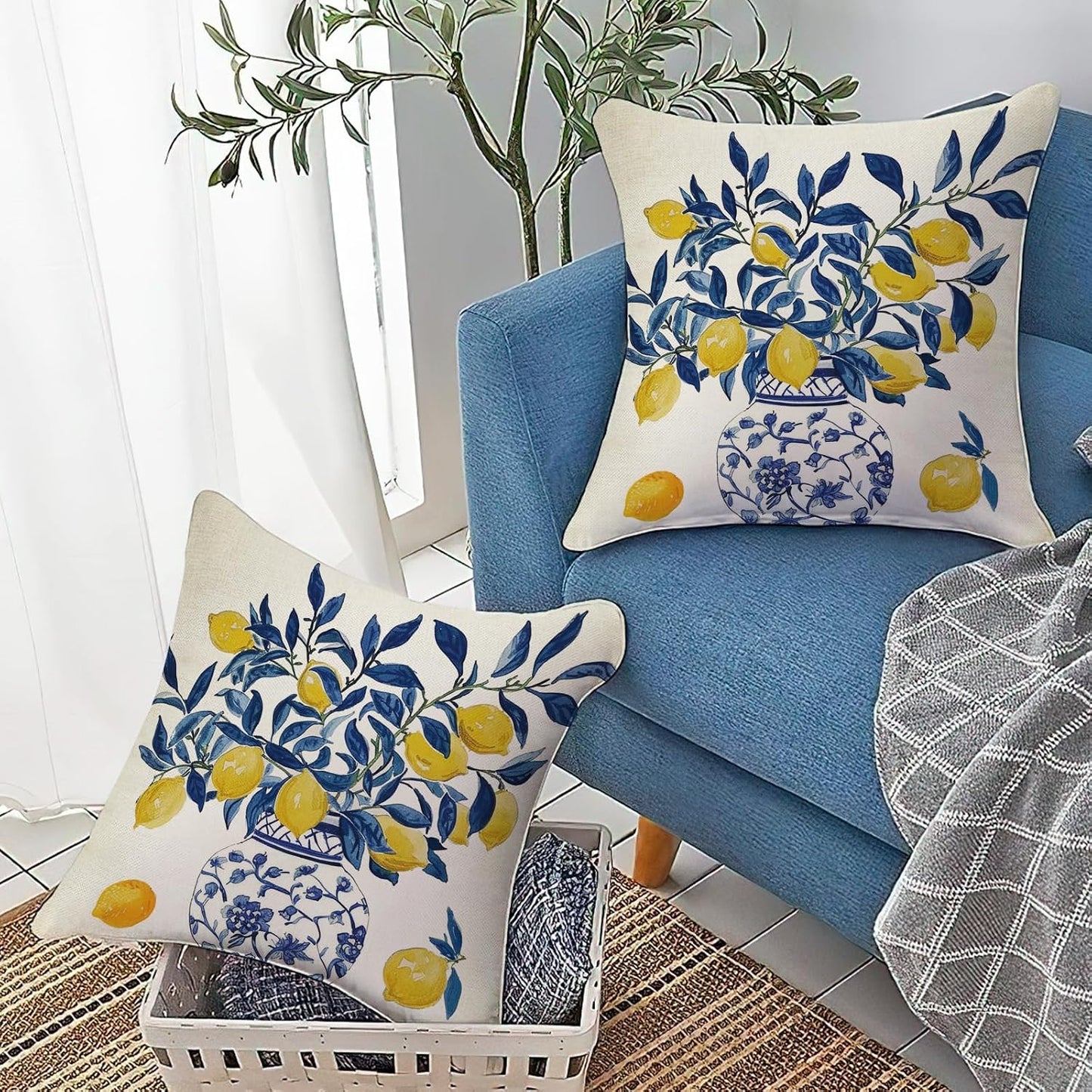 Fahrendom Lemon Decorative Throw Pillow Covers 18 x 18 Set of 2, Blue and White Porcelain Citrus Porch Pillowcase, Summer Mediterranean Sofa Couch Cushion Case Home Decor