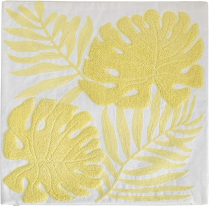 Embroidery Throw Pillow Covers 18x18 Floor Pillow Cover for Couch Bed Room Chair 100% Cotton Loop Embroidered Light Yellow Tropical Leaves Cushion Cover Square Pillow Case 45x45cm, 1 Piece