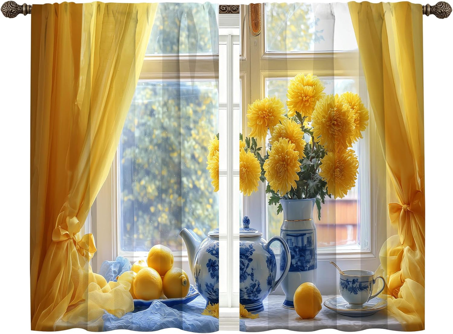 bassyil Yellow Flower Lemon Kitchen Curtains Cafe Curtains for Bathroom Dining Room Living Room Farmhouse Pocket Window Drapes 2 Panels Set Blackout Curtain 28"x36"