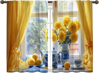 bassyil Yellow Flower Lemon Kitchen Curtains Cafe Curtains for Bathroom Dining Room Living Room Farmhouse Pocket Window Drapes 2 Panels Set Blackout Curtain 28"x36"