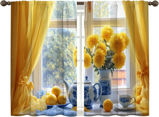 bassyil Yellow Flower Lemon Kitchen Curtains Cafe Curtains for Bathroom Dining Room Living Room Farmhouse Pocket Window Drapes 2 Panels Set Blackout Curtain 28"x36"