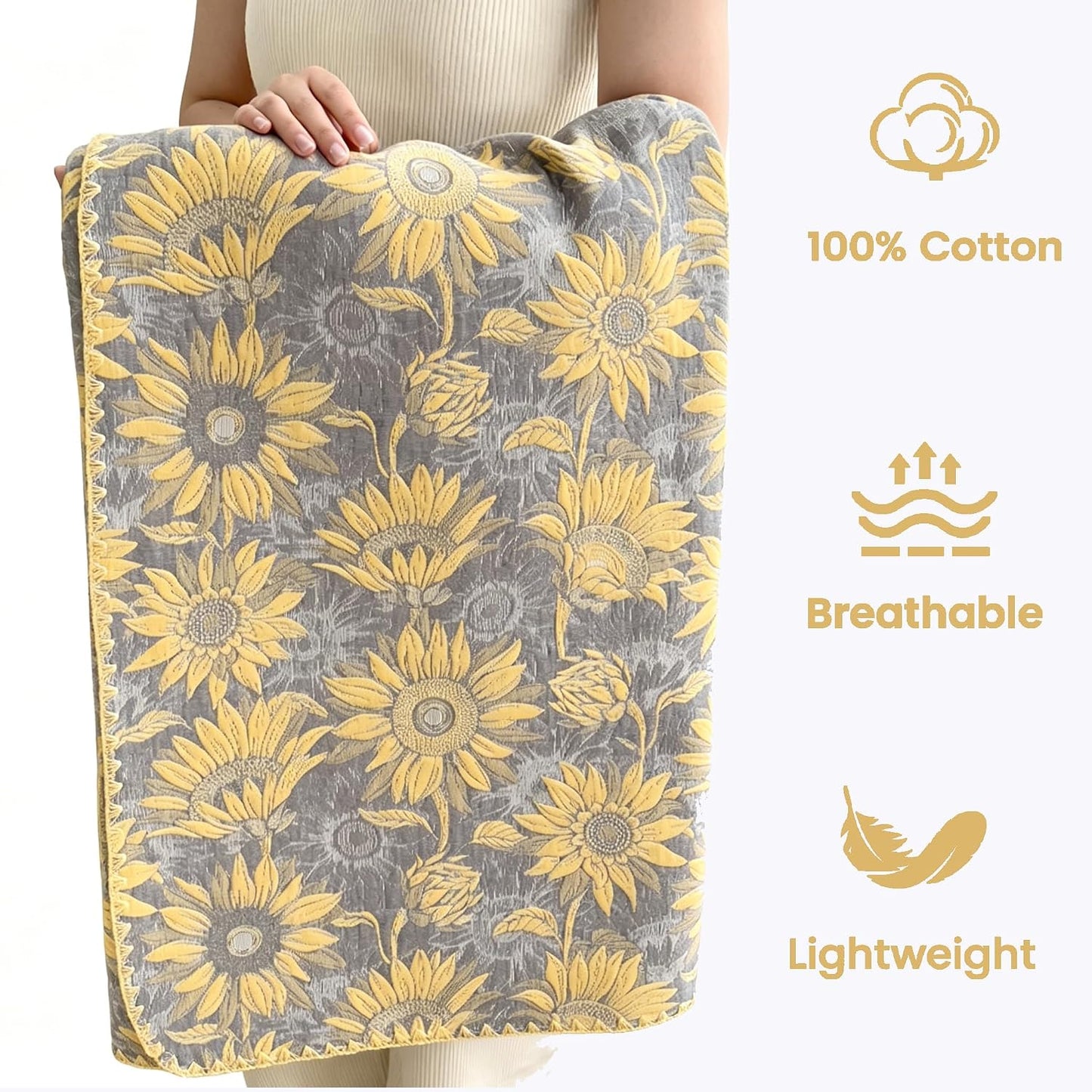 NIDITW 3 Layer Throw Blanket for Bed 100% Cotton Boho Floral Blanket 80''x90'' Summer Breathable and Lightweight Travel Muslin Blanket for Women Home Decor Yellow (Yellow Sunflower, 60"x80")