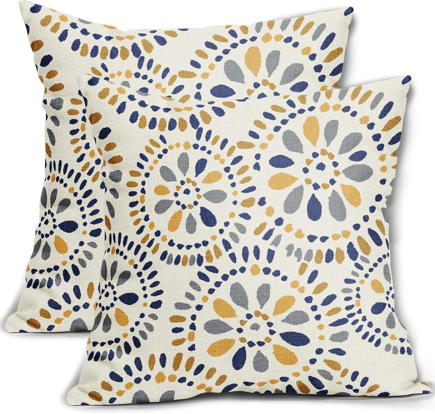 Blue and Yellow Throw Pillow Covers 18x18 Set of 2 Navy Yellow Grey Gray Boho Geometric Flower Pattern Print Decorative Pillowcases Farmhouse Outdoor Square Cushion Cases Decor for Sofa Bed Couch