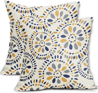 Blue and Yellow Throw Pillow Covers 18x18 Set of 2 Navy Yellow Grey Gray Boho Geometric Flower Pattern Print Decorative Pillowcases Farmhouse Outdoor Square Cushion Cases Decor for Sofa Bed Couch