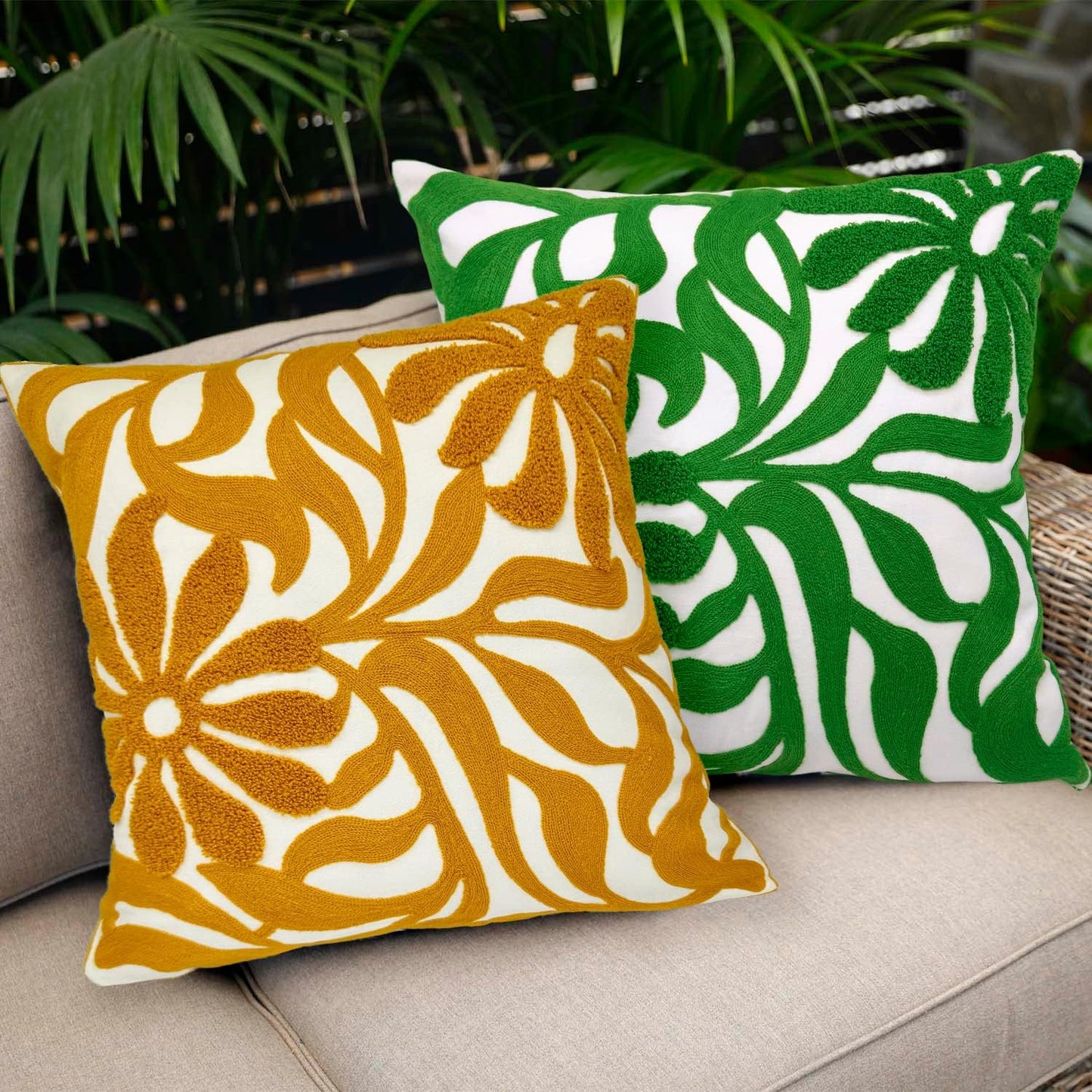 Alysheer Farmhouse Floral Leaves Embroidered Decorative Throw Pillow Cover 18x18 inches, Boho Tufted Flowers Embroidery Pattern Chic Cotton Cushion Case for Couch Bed Sofa Living Room(Mustard Yellow)