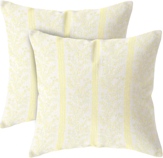 Set of 2 Vintage Flower Throw Pillow Covers 18x18 Inch Yellow Striped Floral Decor Pillowcase Linen Decoration Cushion Covers for Farmhouse Home Sofa Couch Bed Chair Living Room