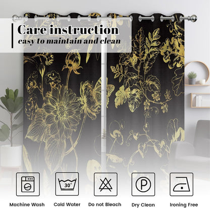 Black and Gold Vintage Botanical Blackout Curtains Patterned Golden Yellow Floral Window Drapes for Bedroom Living Room, 84 inch Length 2 Panels Set, 52x84 inch