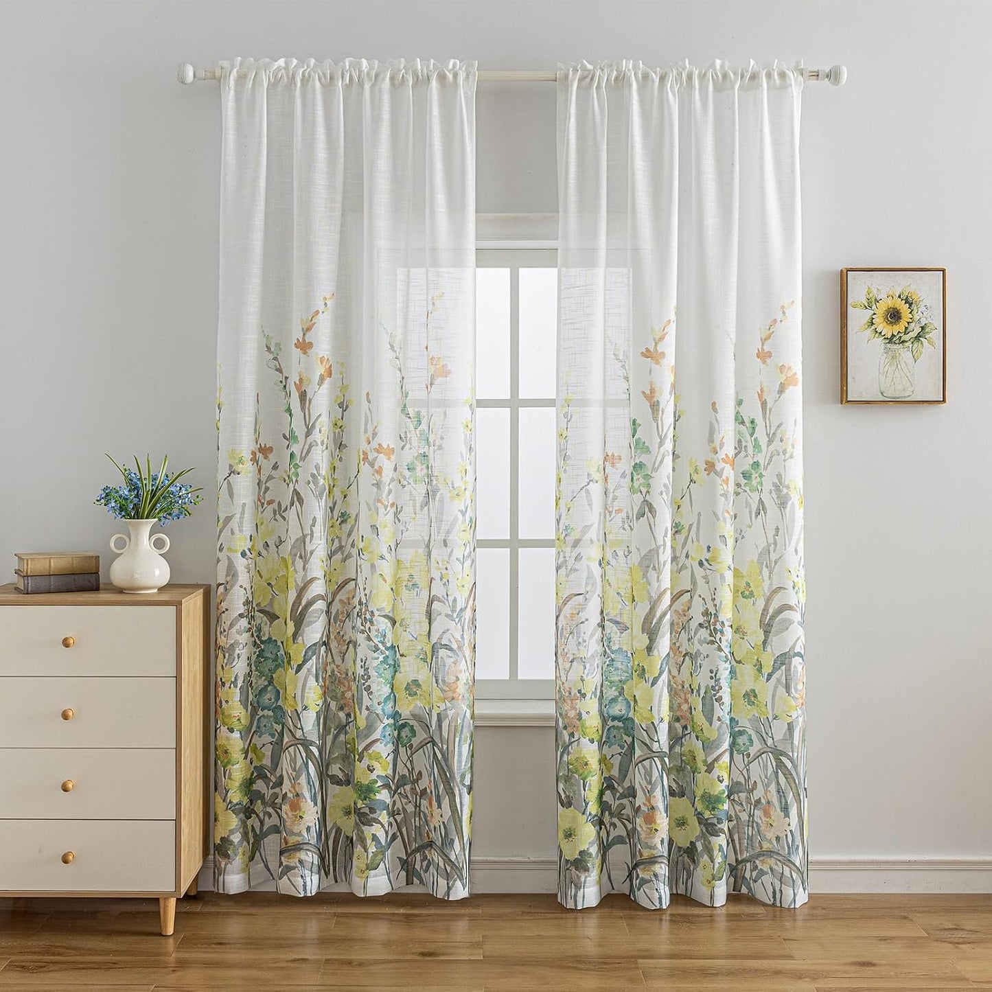 SUOUO Grey and Yellow Floral Sheer Curtains Linen Textured for Living Room 96 inches Long Rod Pocket Print Wildflower Window Drapes for Bedroom 2 Panels