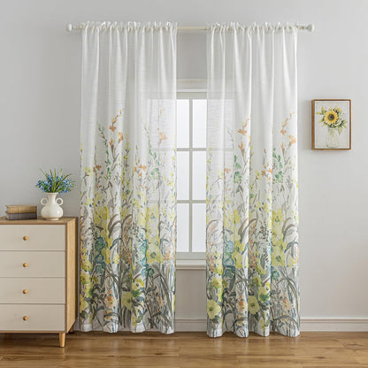 SUOUO Grey and Yellow Floral Sheer Curtains Linen Textured for Living Room 96 inches Long Rod Pocket Print Wildflower Window Drapes for Bedroom 2 Panels