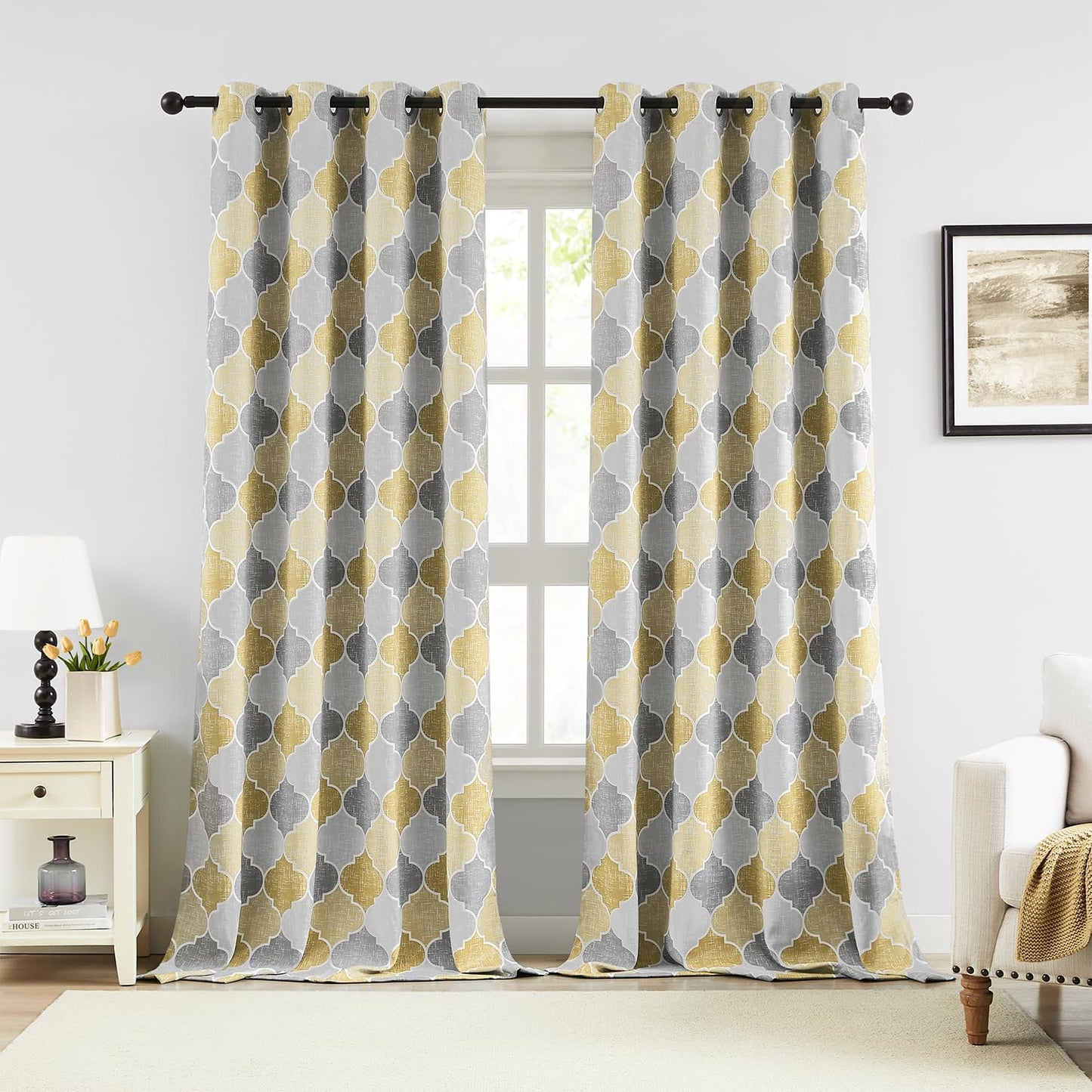 Gray Yellow Full Blackout Curtains 84 Inches Long for Bedroom Living Room Moroccan Geo Print Window Panels Thermal Insulated Room Darkening Privacy Grommet Top Drapes, 52x84, 2 Panels