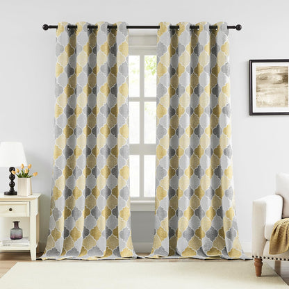 Gray Yellow Full Blackout Curtains 84 Inches Long for Bedroom Living Room Moroccan Geo Print Window Panels Thermal Insulated Room Darkening Privacy Grommet Top Drapes, 52x84, 2 Panels