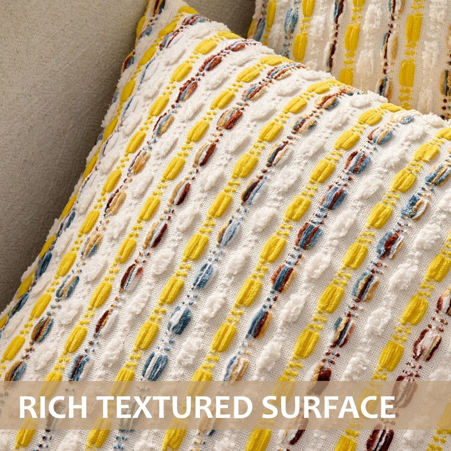 ANRODUO Boho Chenille Textured Tufted Pillow Covers 20x20 Inch Set of 2 Woven Decorative Throw Pillow Covers with Raised Stripes Accent Neutral Pillowcase for Couch Sofa Bed Living Room, Yellow Cream