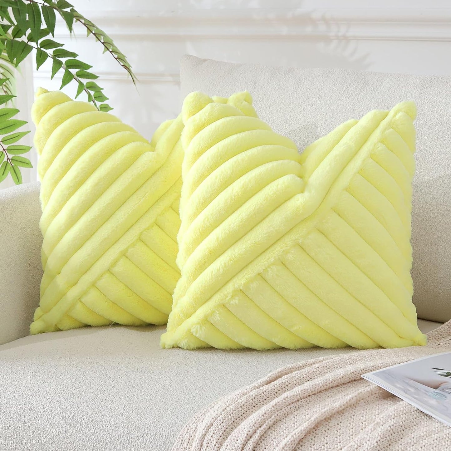 OTOSTAR Faux Fur Plush Throw Pillow Covers 16 x 16 Inch Fuzzy Soft Striped Decorative Velvet Pillow Case Couch Home Decor Pillow Covers for Sofa Bed Living Room Set of 2 (Lemon Yellow)
