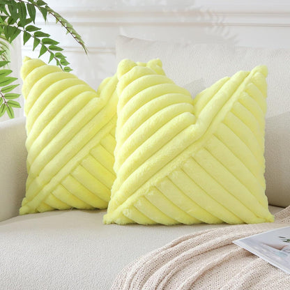 OTOSTAR Faux Fur Plush Throw Pillow Covers 16 x 16 Inch Fuzzy Soft Striped Decorative Velvet Pillow Case Couch Home Decor Pillow Covers for Sofa Bed Living Room Set of 2 (Lemon Yellow)