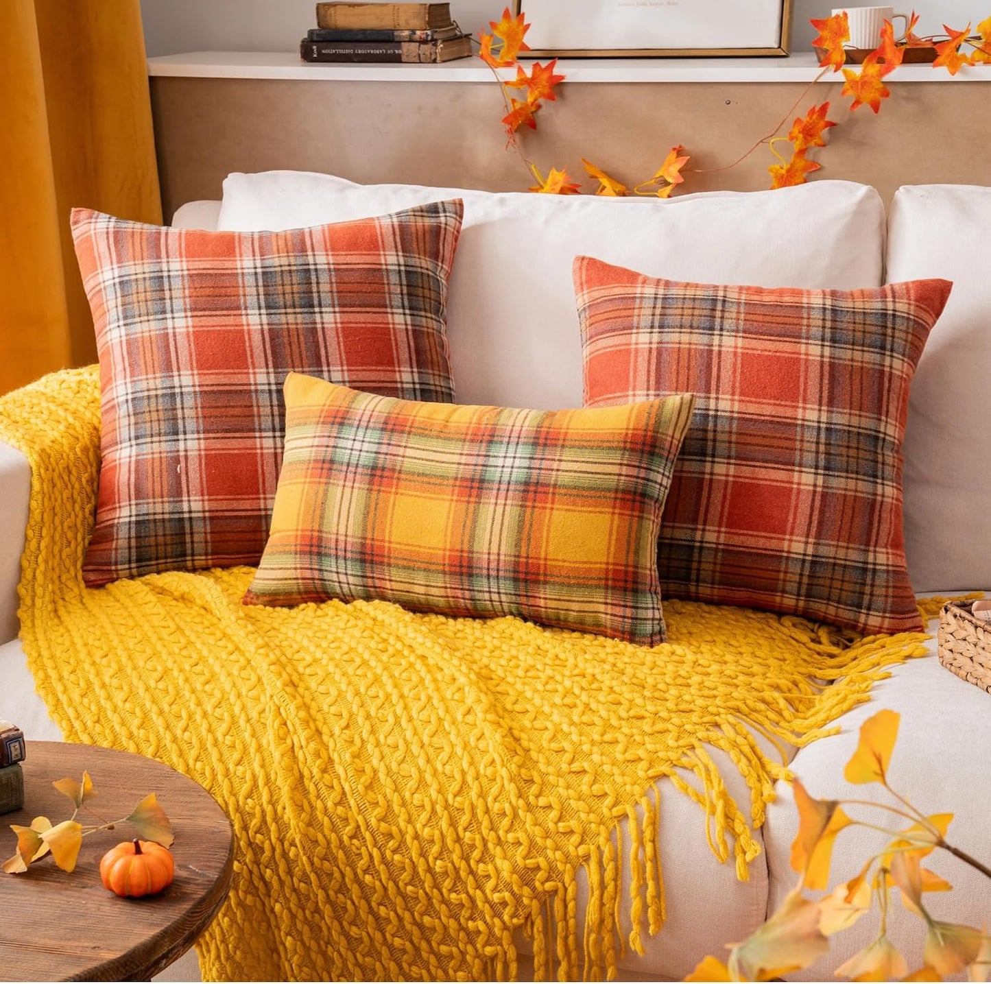 AQOTHES Fall Plaid Yellow Throw Pillow Covers 18x18 Inch Set of 2 | Autumn Decorative, for Couch Sofa Bed Living Room Home Decor, Farmhouse Accent Pillow Cases,Cushion Covers